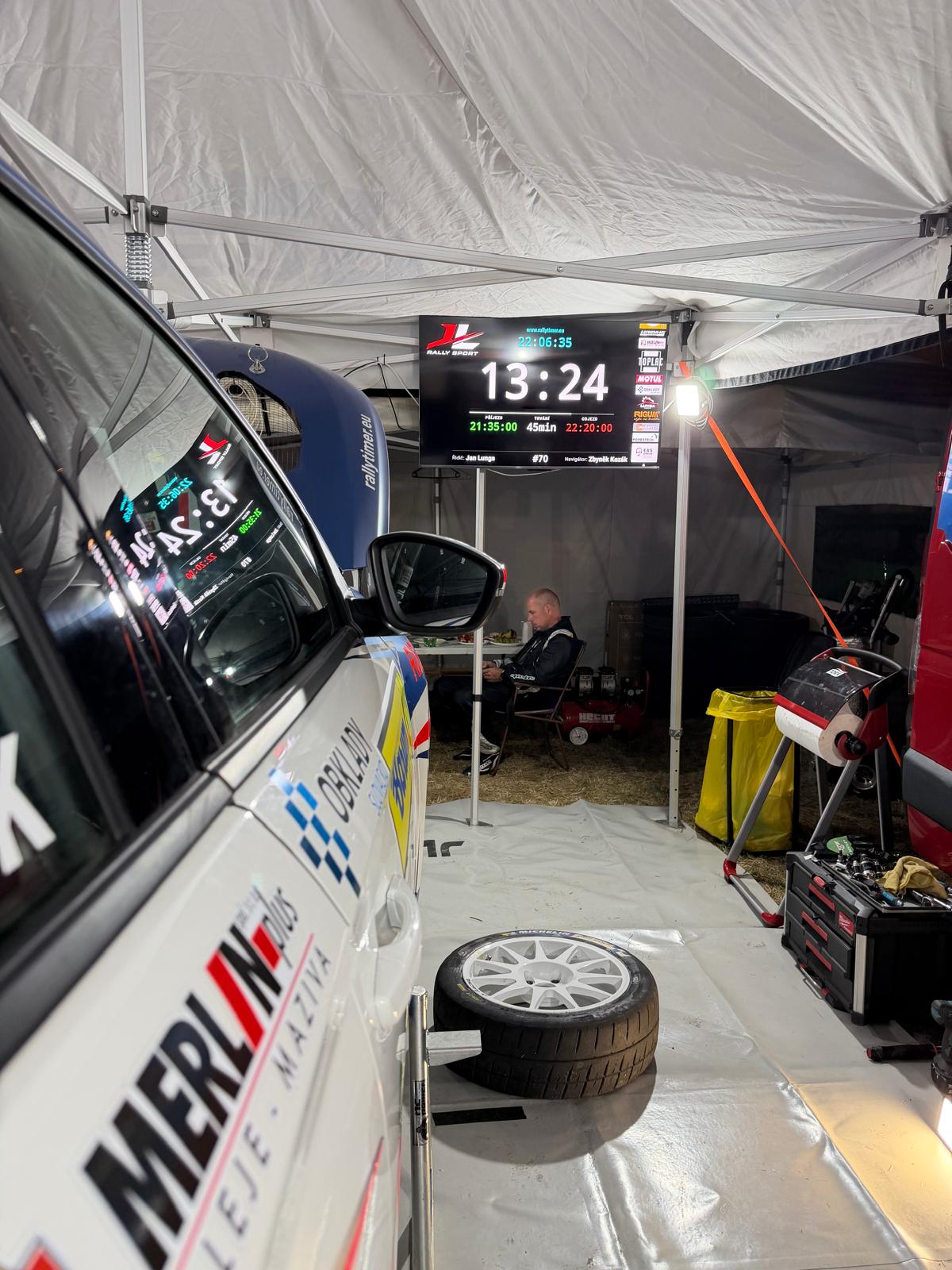 JL Rallysport car in the service zone with the RallyTimer countdown